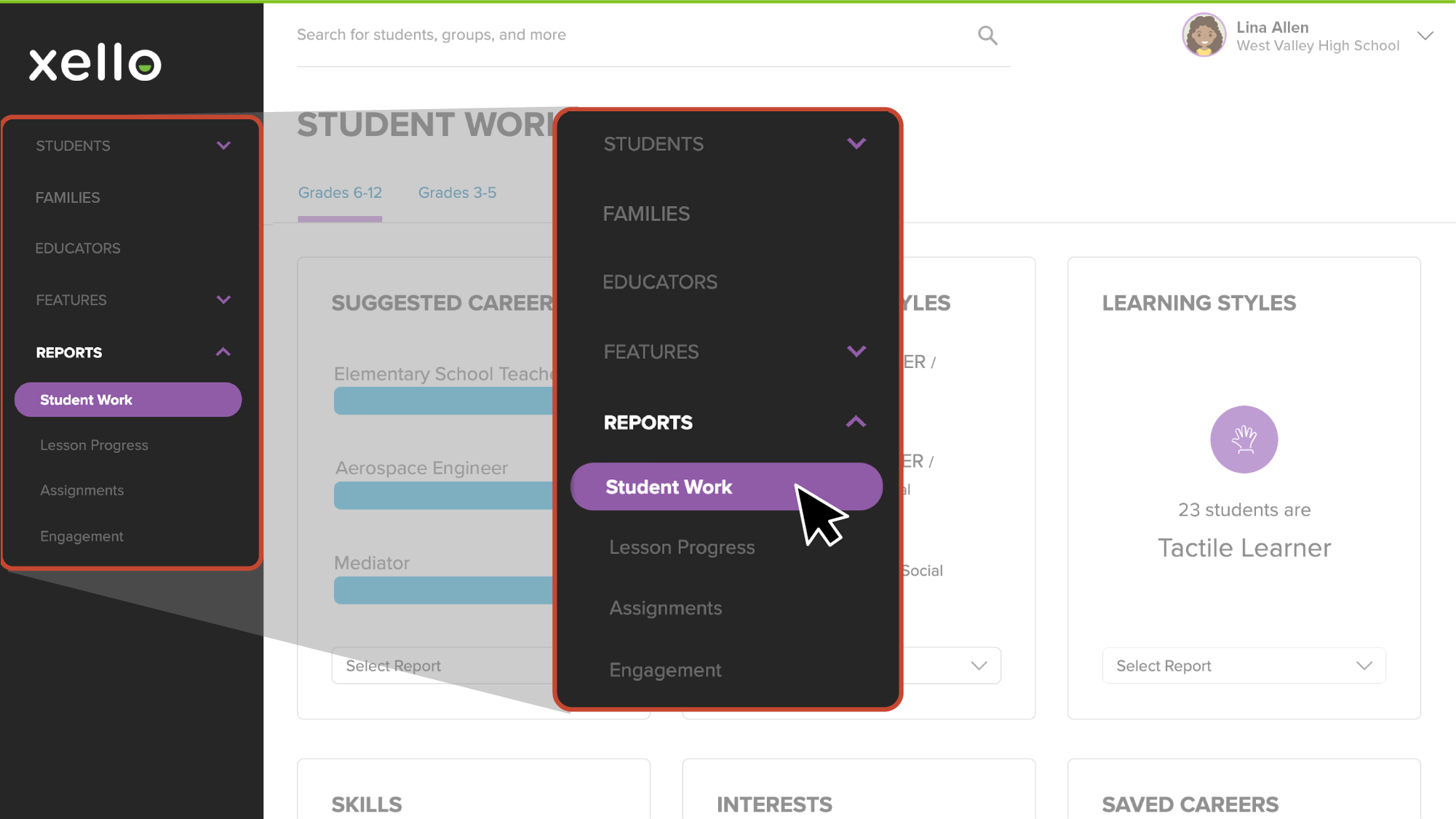 left menu open in educator account. Report dropdown open and Student work being selected.